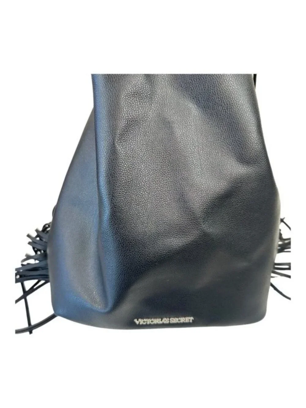Victoria's Secret Backpack Solid Black Faux Suede Fringed Drawstring Bag Purse